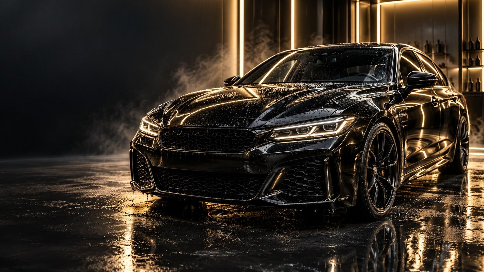 Voiture noire dans un atelier de detailing éclairé de lumières dorées